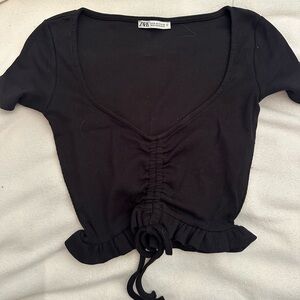 zara short sleeve cinched black crop top